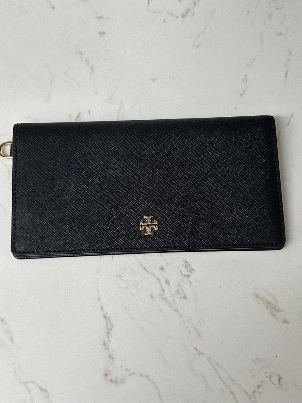 Tory Burch Black Saffiano Card Holder Wallet with Gold Logo